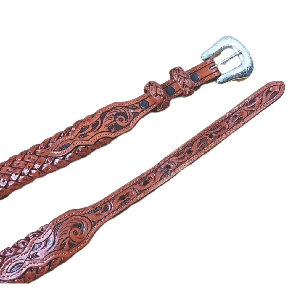 Vtg Nocona Hand Crafted Braided Brown Leather Belt Sz 34 Western Etched Buckle